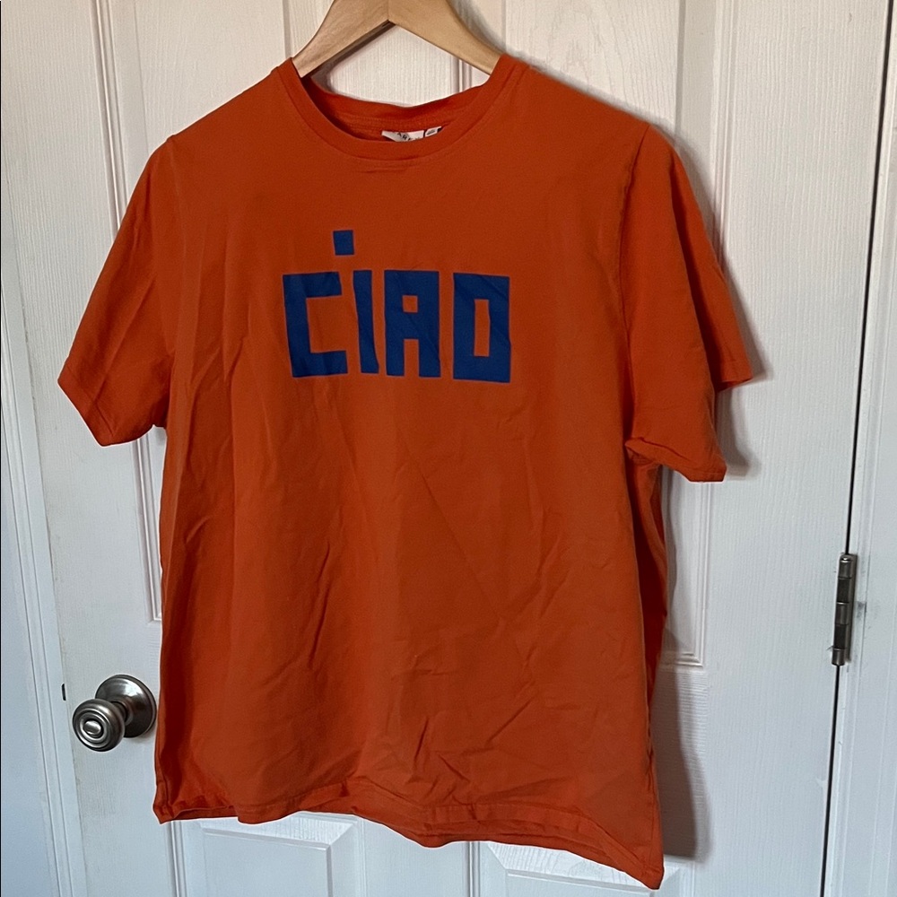Clare V Vibrant Orange Tee with Navy 'Ciao'